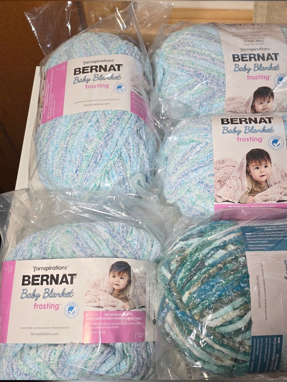 Lot of 4 and 1/2 Skeins of Bernat Blanket Yarn in Seaside and Lagoon Colors
